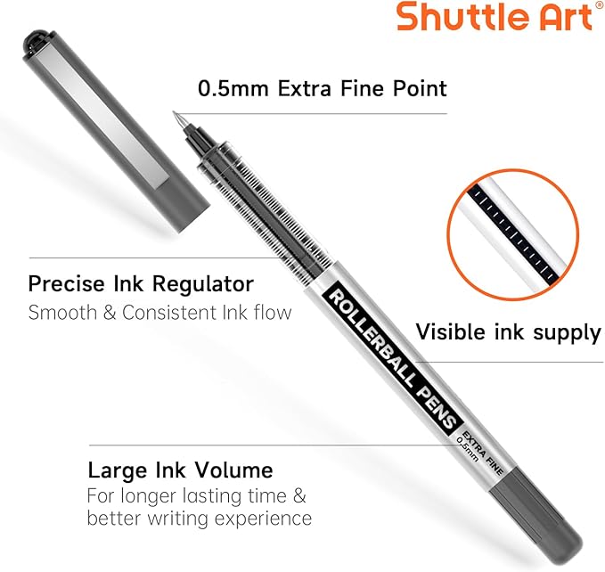 Shuttle Art RollerBall Pens, 25 Pack(21 black 2 blue 2 red) Fine Point Roller Ball Pens, 0.5mm Liquid Ink Pens for Writing Journaling Taking Notes School Office