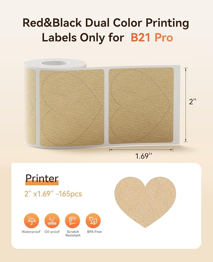 NIIMBOT B21 Pro Label Maker Refill - 300DPI Red & Black Dual Color Sticker Paper Kraft Heart (2"x1.69"/50x43mm) for School, Office, Retail, Baking & Safety Labels - Compatible with B21 Pro Only