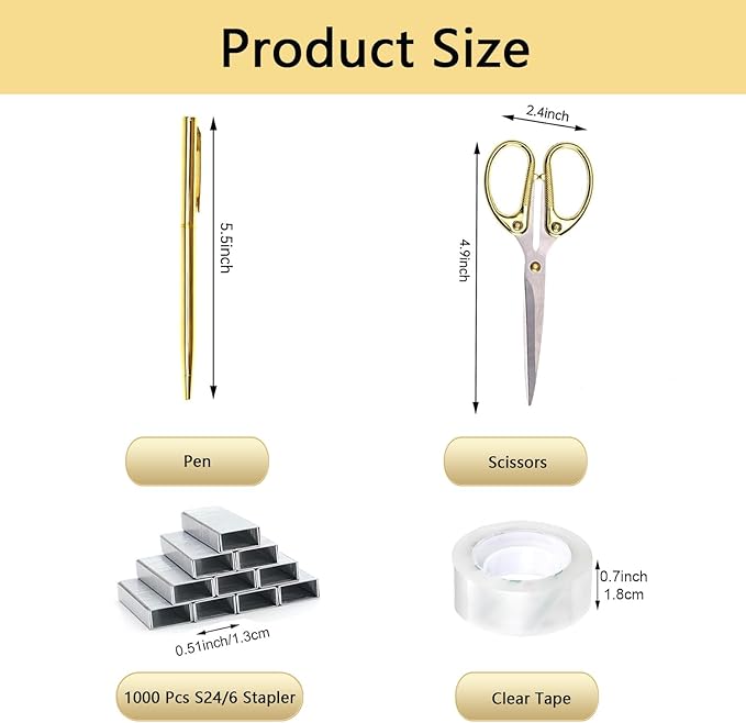 Office Supplies,Desk Accessories,with Stapler,Tape Dispenser,Staple Remover,Scissor,Ballpoint Pen,Clear Tape,Staples,Binder,Best Gift Set(Gold)