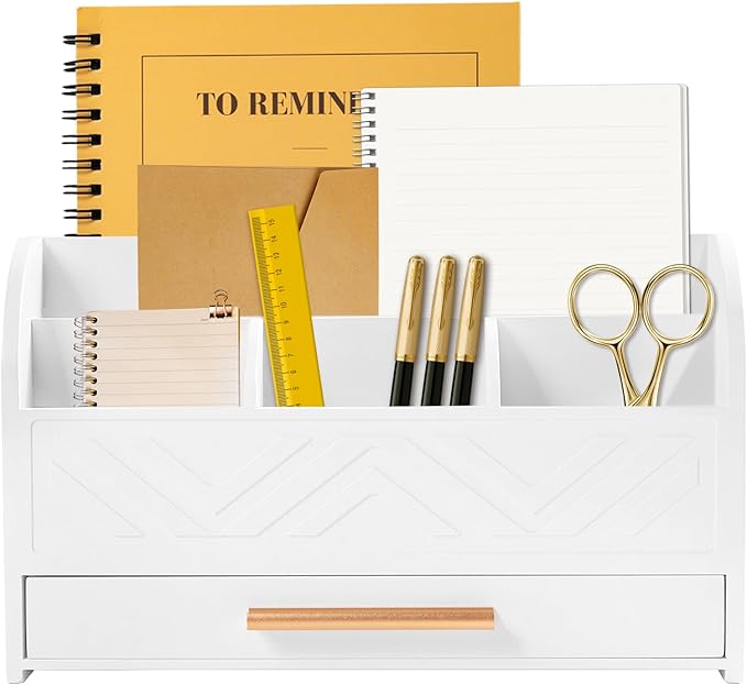Mail Organizer Countertop Kitchen-White Mail Holder Countertop Drawers Wood Desk Drawer Tabletop Storage Organization Pen Holder Letter Sorter Makeup Organizer for School Home Office Supplies