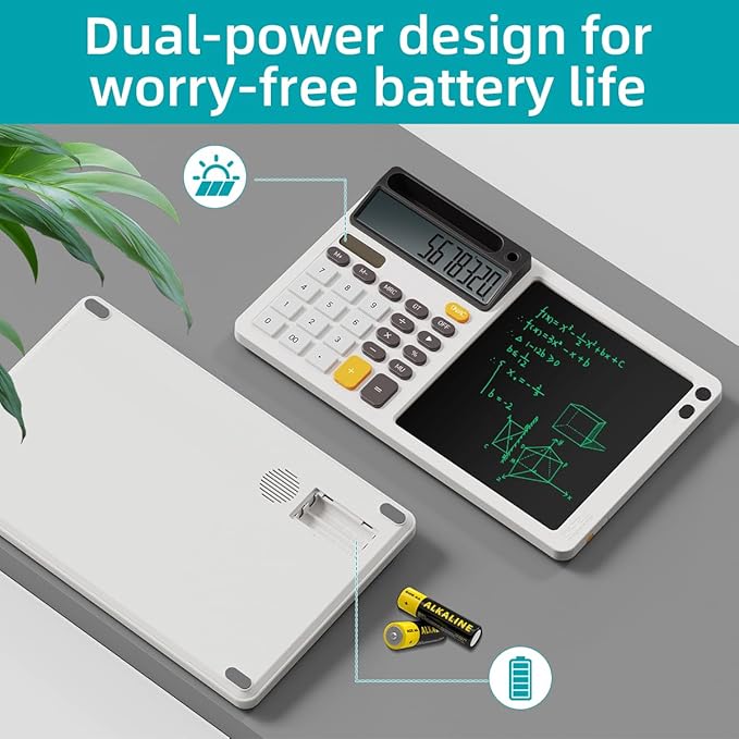 Solar Calculator with 7.5 inc LCD Writing Membrane, 15° Tilt for Easy Reading, Integrated Phone Stand, Voice & Silent Modes, Anti-Slip Pads for Stability, Ideal for Office & Study Use (White)
