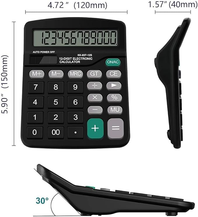 Office Desk Calculator - Dual Power Simple Financial Calculator with Big Button Large Display for Office, Home & School (Black)