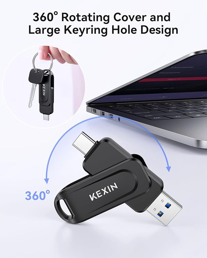 KEXIN 256GB Flash Drive Dual USB C Thumb Drive USB-A & Type-C 100MB/s Swivel USB Drive 256GB for Tablet iPhone 15/16 Car Game Console, Black