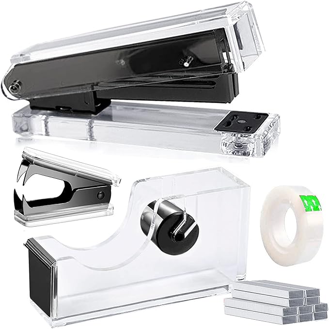 Acrylic Black Tape Dispenser Black Desktop Stapler, Acrylic Office Supplies Includes Staple Remover, Tape, 1000pcs Staples Desk Accessory Kit, Cute Office Stapler Set for Modern Design Office Desktop