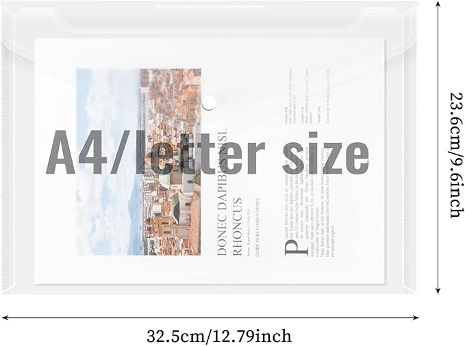 EOOUT 50pcs Plastic Envelopes with Button Snap Closure, Clear Poly Folders for Documents, Waterproof Plastic File Folder, Letter Size, A4 Size, for School and Office Supplies