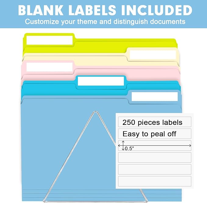 File Folder, RAZCC 250 Pack Colored File Folders, 1/3 Cut Tab File Folder Letter Size, Filing Folders with Tabs for Office School Business Use, Assorted 10 Colors