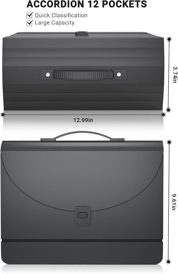 Expanding File Folder/Accordion File Organizer/Portable File Box with 13 Pockets,Fun Storage Filing Folders with Handle,Perfect for Both Standing and Carrying,A4/Letter Size,Colored Tabs,Black Matte