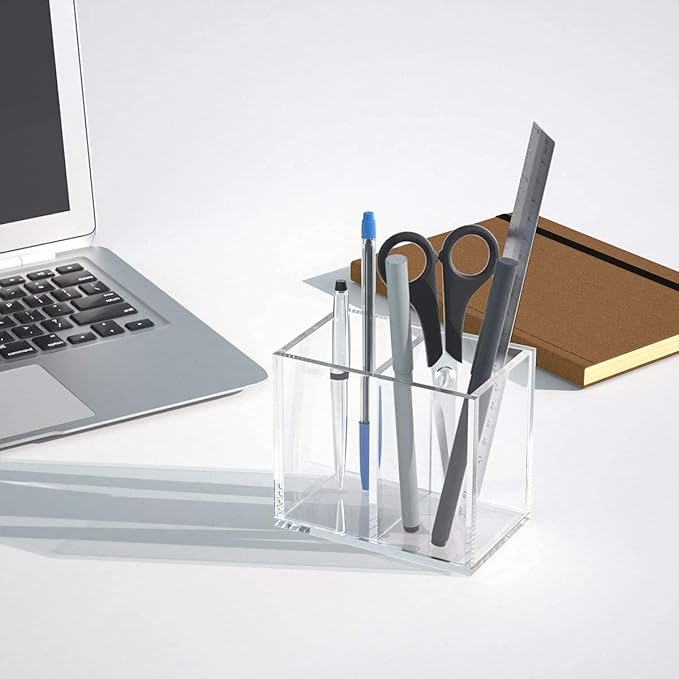 NIUBEE Acrylic Pen Holder 2 Compartments, Clear Pencil Organizer Cup for Countertop Desk Accessory Storage
