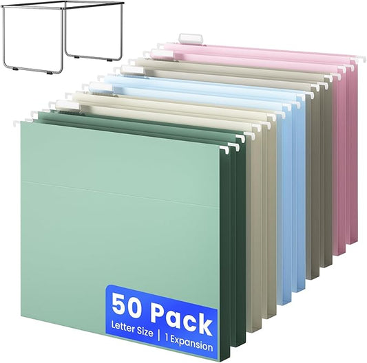 Hanging File Folders Letter Size, Metal File Frame with 50 Pcs Colored Hanging File Folders, 1'' Extension 1/5-Cut Tabs File Organizer Includes Hanging Folders for Desk Office Filing Cabinet