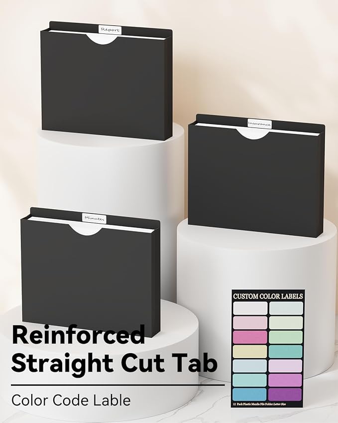 ANSOOK 2 Inch Plastic File Jackets, Manila File Folders Letter Size, Heavy Duty Expanding File Folders, Expansion Pocket, Reinforced Straight Cut Tab, 12 Pack, Black Folders for Office School Home