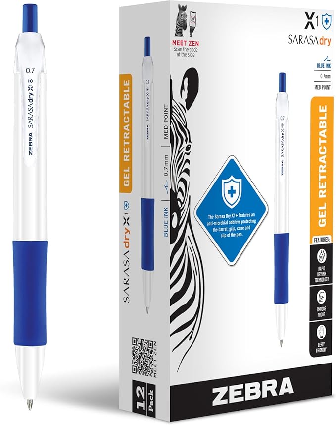 Zebra Pen Sarasa Dry X1+ Retractable Gel Pen, Plastic Barrel with Protective Coating, Medium Point, 0.7mm, Blue Ink, 12-Pack