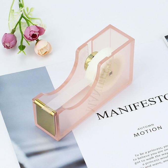 Buqoo 1-Inch Core Clear Acrylic Pink Gold Tape Dispenser Heavy Duty, Stapler with 950Pcs 24/6 26/6 Rose Gold Staples, Scissors for Stationery Desk Set School Home N Office Supplies