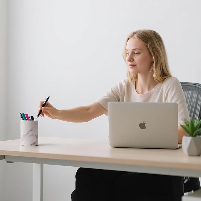 WORHE Natural Marble Pen Holder for Desk, Handcrafted Volakas Sturdy Desk Organizer for Office Supplies Storage Desktop Stationary Makeup Brushes Cup Pencil Holders for Home White (DL002)