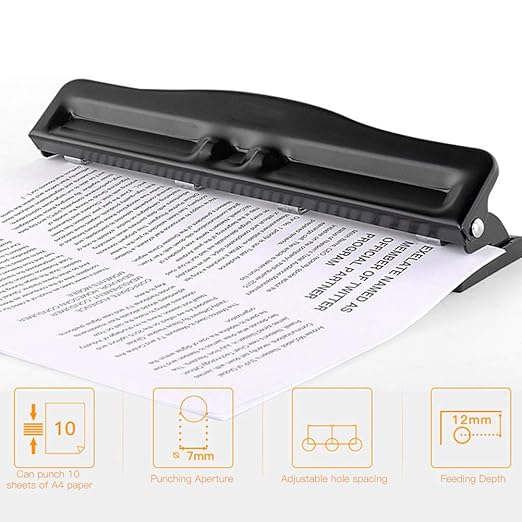 Akozon 3 Hole Adjustable Heavy-Duty Hole Punch, Black, Minimalist Style, Punctures Up to 10 Sheets, Metal Body, Iron Handle