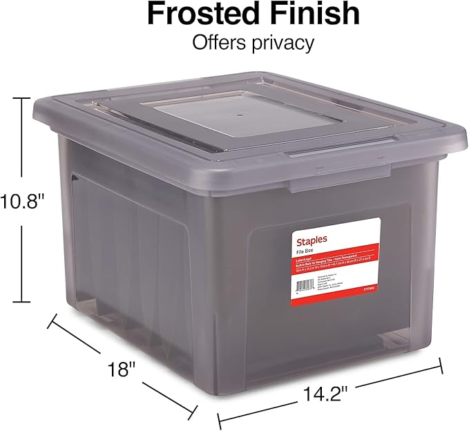 STAPLES Hanging File Folder Box, Storage Bin Organizer, Snap Lid, Letter & Legal Size Documents, Frost Gray