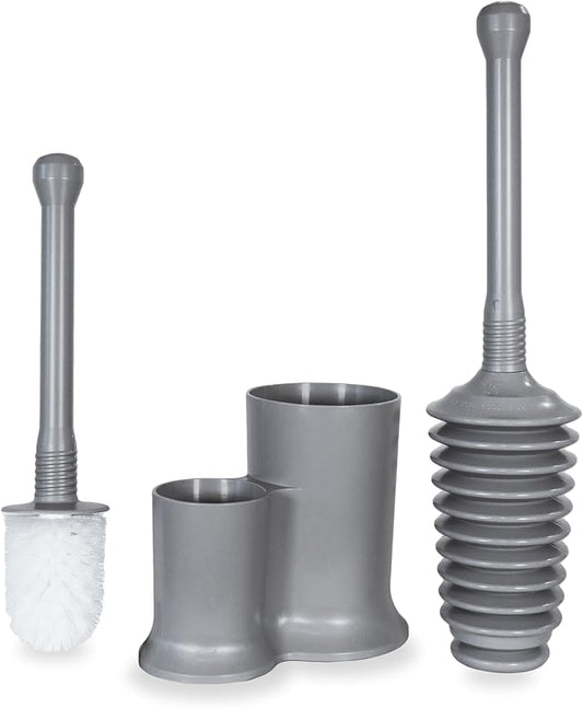 Master Plunger 500 & Toilet Brush Combo Set – Heavy-Duty Gray Toilet Plunger with High-Efficiency Brush and Holder – Durable, Compact Bathroom Cleaning Kit