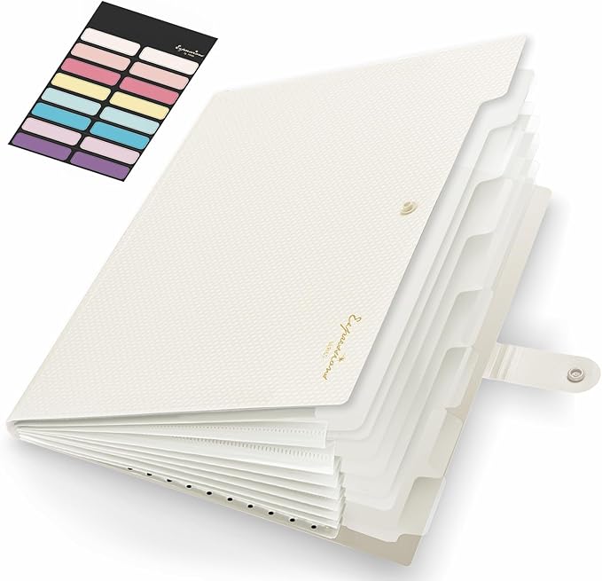 Sooez Accordion File Organizer, 8 Pocket Expanding File Folder with Labels, Letter Size Folders for Documents, Portable Paper Bill Receipt Organizer for Home School Office Supplies, Off White