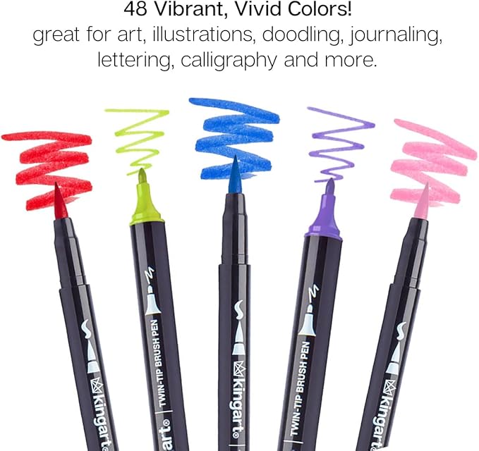 KINGART PRO Dual Twin-Tip Brush Pens, Set of 48 Unique & Vivid Colors, Watercolor Markers with Flexible Nylon Brush Tips, Professional Watercolor Pens for Painting, Drawing (445-48)