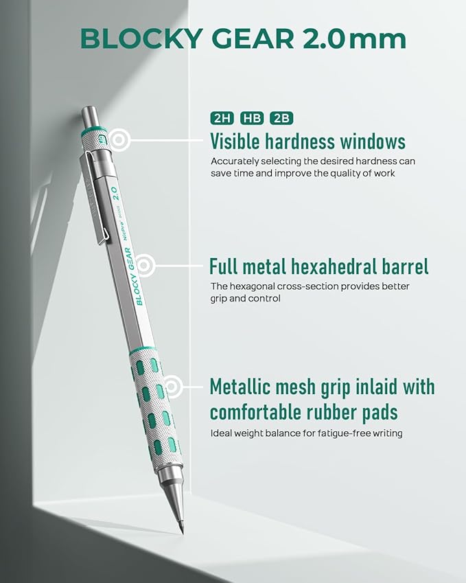 Nicpro 3 Pack Blocky Gear 2.0 mm Metal Mechanical Pencils Set with Case, Drafting Pencil with 13 Tubes 2mm Lead Refills (HB 2B 2H 4B 4H 6B & Colors), Erasers for Carpenter Writing Drawing
