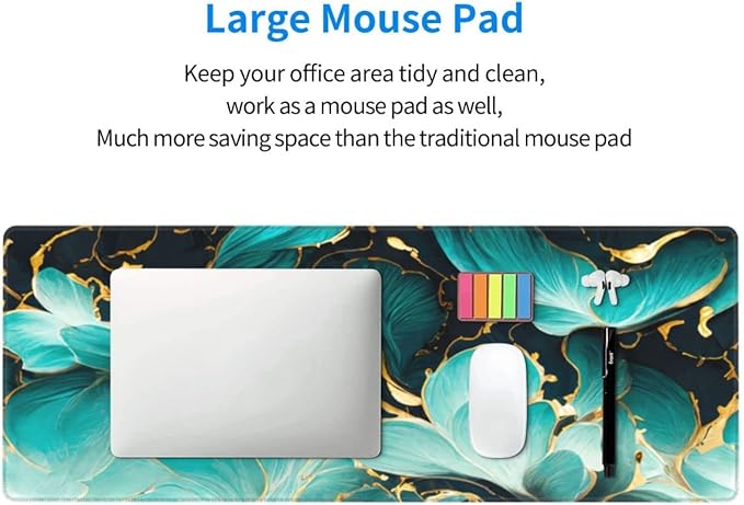 Desk Pad,Office Desk Mat 31.5"×11.8" Large Gaming Mouse Pad,Extended Computer Mouse Pad,Waterproof Thick Big Mouse Pads with Non-Slip Rubber Base Office Home Blue Gold Marble Flower