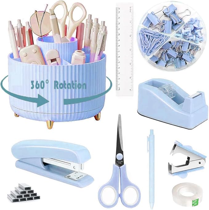 Blue Desk Organizers and Accessories 10Pcs Set with 360-Degree Rotating Pen Holder, Tape Dispenser, Stapler, Staple Remover, 1000 Staples, Tape, Clips Set, Ruler, Scissor, Pen