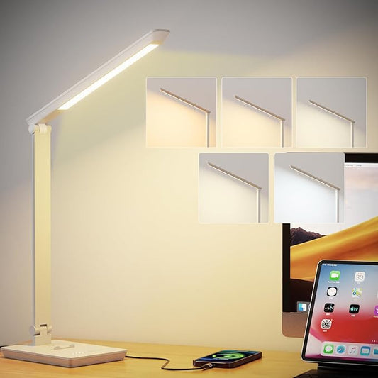 Desk Lamp with USB Charging Port, 14W 900LM Dimmable Eye-Caring Reading LED Desk Light for 9 Brightness Slide Touch & 5 Color Temperature Modes, Home Office Desktop Lamp, Small Study Lamp, White