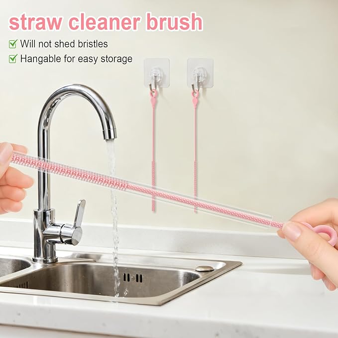 TenderBloom Silicone Straw Cleaner Brush, 4-Piece Reusable Straw Brush Set with Extra-Long Design for Cleaning Thin Metal Straws and Wider Milkshake Straws （6mm+9mm Pink)
