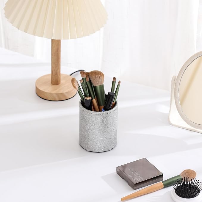 Pencil Holder for Desk, PU Leather Pen Holders for Cosmetics Office Supplies,Brush Holder Makeup Organizer Silver PH108