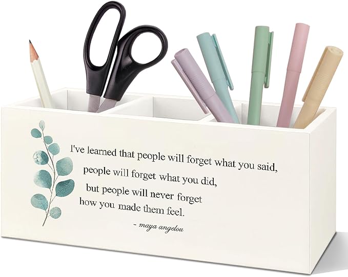SNNDER Inspirational Maya Angelou Quote Pen Holder, Motivational Desk Decor, Inspirational Positive Gifts Wooden Pen Pencil Holder Organizer for Home Office Desk Accessories