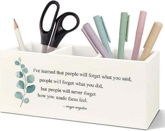 SNNDER Inspirational Maya Angelou Quote Pen Holder, Motivational Desk Decor, Inspirational Positive Gifts Wooden Pen Pencil Holder Organizer for Home Office Desk Accessories