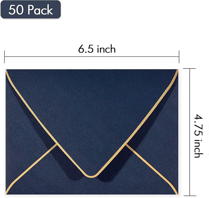 A6 Navy Envelopes With Gold Border, 4x6 Envelopes 50 Pack -Quick Self Seal, For 4x6 Cards|Perfect for Weddings, Invitations, Photos, Baby Shower| 6.5 x 4.75 Inches (Noble blue)