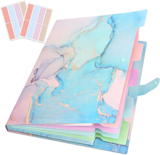 Expanding File Folder, Aesthetic Folders for School, Accordion File Organizer, Aesthetic Folder with Labels,5 Pockets Important Document Folders for School Office Home(Cyan Gold)