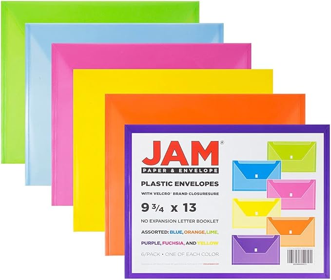 JAM PAPER Plastic Envelopes with Hook & Loop Closure - Letter Booklet - 9 3/4 x 13 - Assorted Colors - 6/Pack