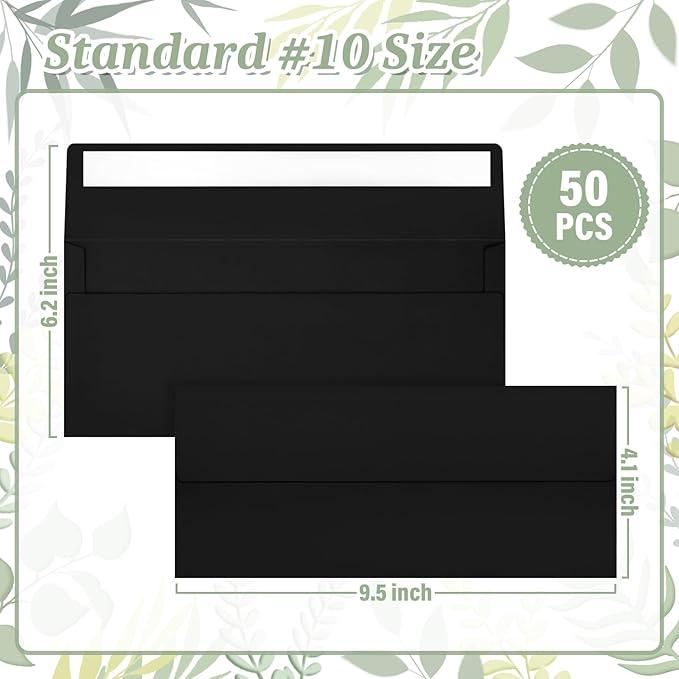 Mulbozy 50 Pcs Black #10 Business Envelopes, Self Seal Standard Envelopes, Windowless Business Mailing Envelopes for Office, Checks, Letters, Invoices, Statements, Wedding, Size 4-1/8 x 9-1/2 inch