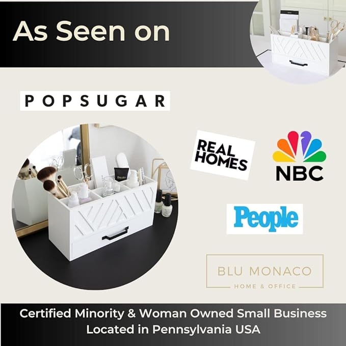 BLU MONACO Stylish White Wooden Pen Holder for Desk: Keep Pens, Markers, and More Organized. With 6 Storage Compartments and a Drawer. Pencil Holder, Marker Storage, and Desk Organizers