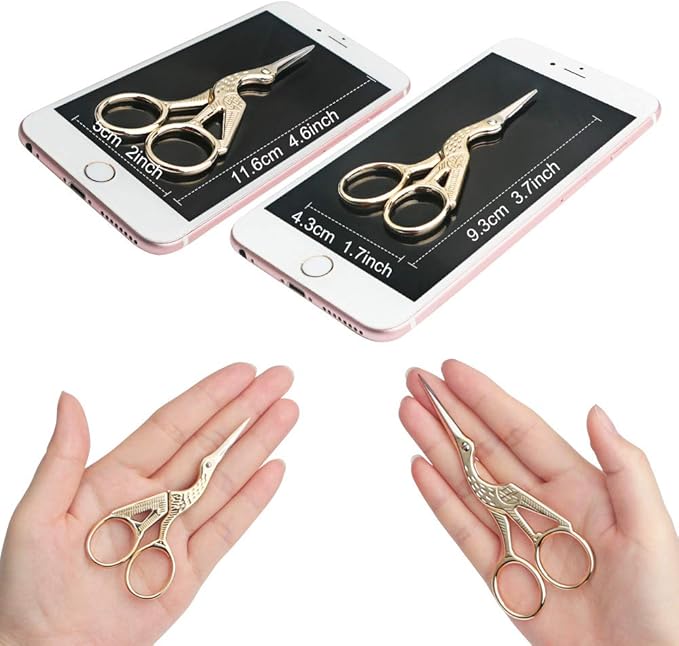 Embroidery Scissors, Stork Scissors for Sewing, Craft, Art Work & Everyday Use, Stainless Steel, 2Pcs, 4.6 inch and 3.7 inch, Gold