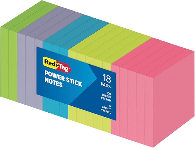 Redi-Tag Sticky Notes, Power Stick Notes, Adhesive Reminders, 3" x 3" Reusable Notes, Strong Adhesive Memos, Assorted Bright Colors, 144 Pack (1000977)