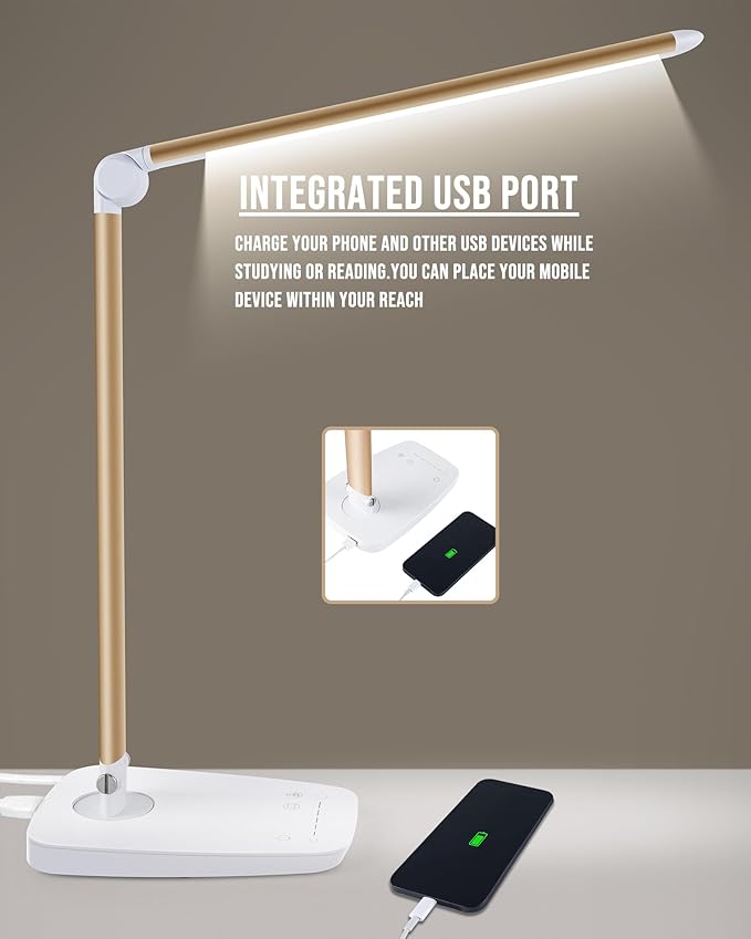 Lichamp Dimmable LED Desk Lamp with USB Charging Port, Touch Control Foldable Gooseneck Free Rotation Adjustable Eye Care Table Lamp, Bedside Reading Light with UL AC Adapter (Pink Gold)