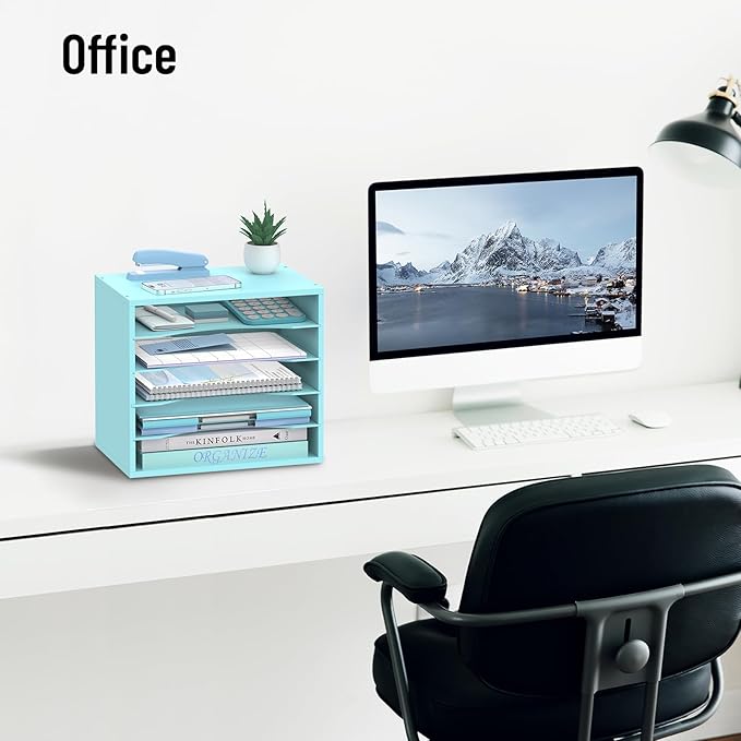 5-Tier Wood Desk Organizer, Paper Tray Organizer for Desk with Adjustable Storage Shelves, Desktop Paper Sorter Mail Holder for Office Home Classroom, Blue
