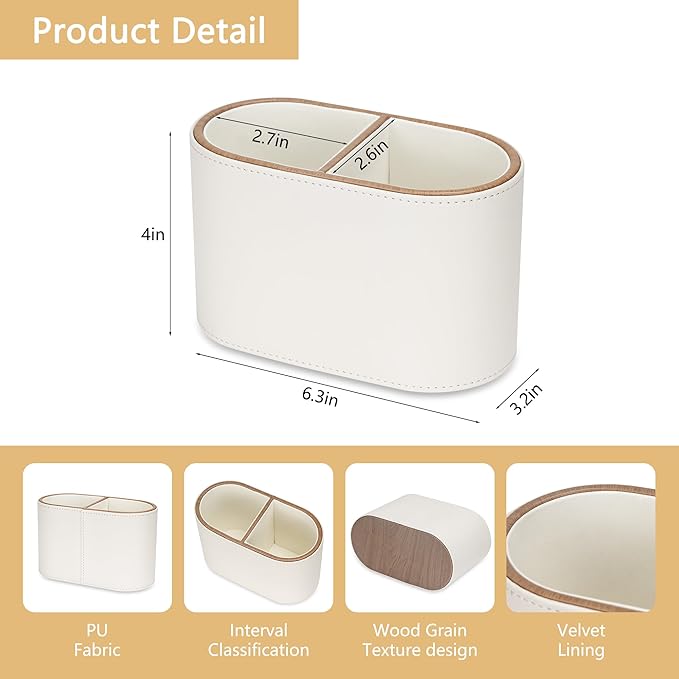 PU Leather Pen Holder, 2-Compartment Pencil Cups, Multifunctional Desk Organizer Desktop Office School Supplies Caddy for Home and Workplace Accessories, Beige