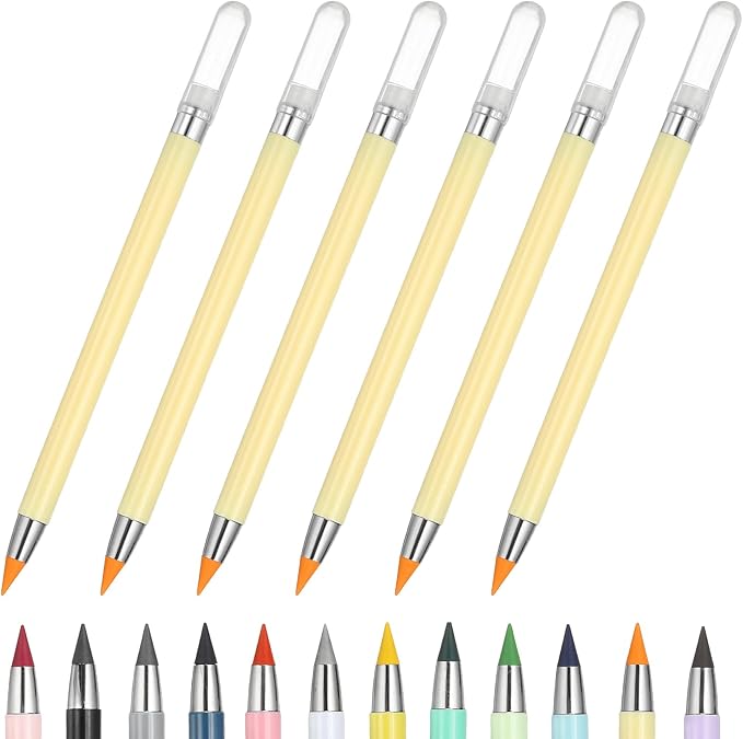 PATIKIL Forever Pencil, 6 Pcs Mechanical Sharpened Cute Metal Pencils Set for Coloring Book Sketch Drawing Writing Art Beginner, Yellow