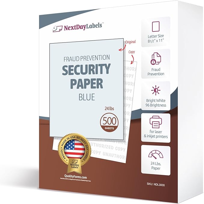 NextDayLabels Blue Security Paper – Multi-Purpose – UNAUTHORIZED COPY – Fraud Prevention – Laser & Inkjet Printer Compatible – 8.5" x 11“ – 24 lb – 500 Sheets