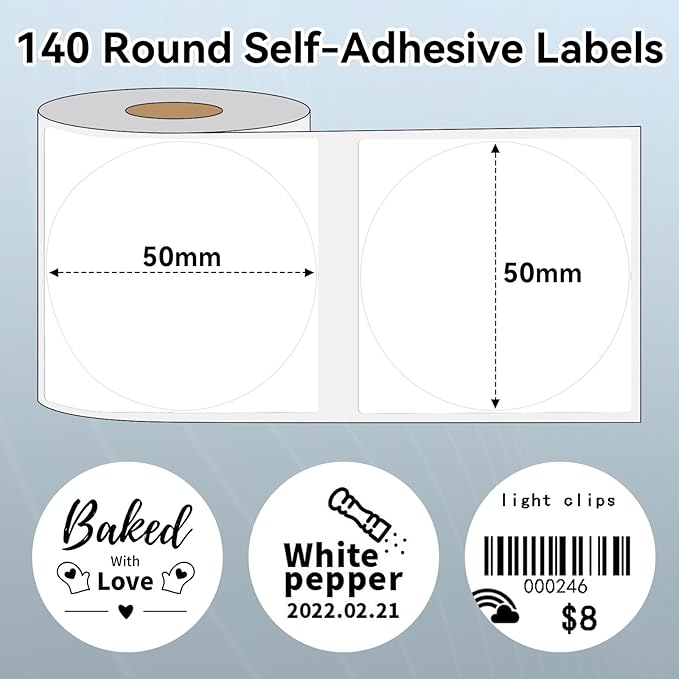 M100 Round Label 1.96" x 1.96" (50x50 mm), Compatible with Label Maker M110/ M220/ M221/ M120/ M250/M150, White, 140 Labels/Roll, Multi-Purpose Adhesive Circle Thermal Labels, Black on White