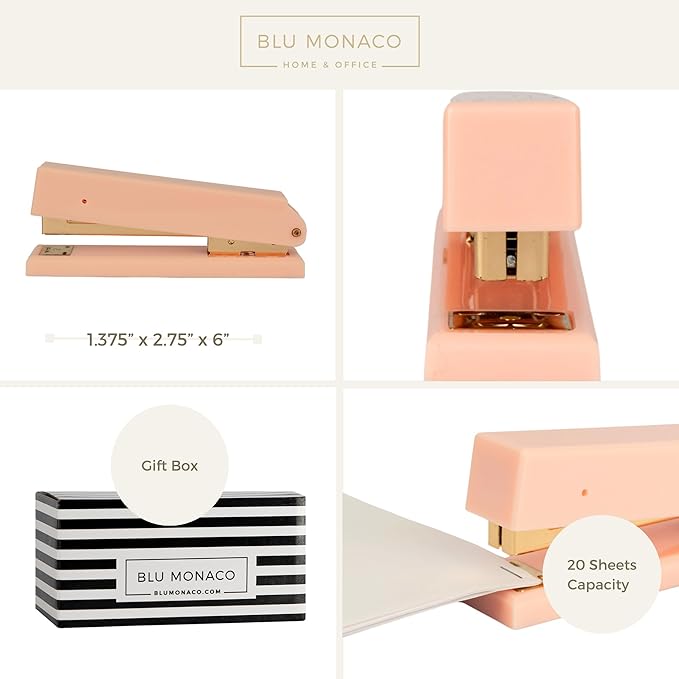 Blu Monaco Pink Stapler – Cute and Stylish Desk Stapler with Smooth Metal Mechanism – Aesthetic Office Stapler for Home, School, and Work – Chic Pink Office Supplies for Modern Workspaces