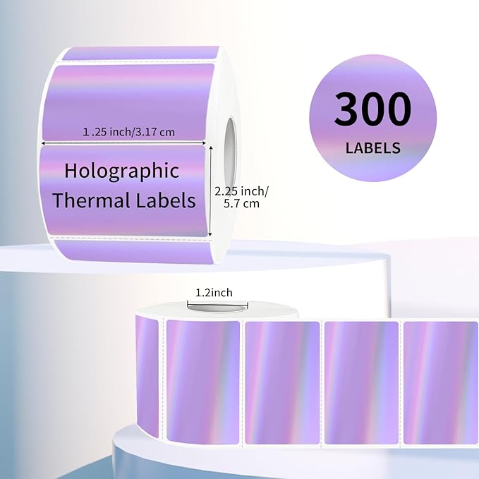 2.25"x1.25" Direct Thermal Labels, Holographic Thermal Printer Labels for Barcode, Self-Adhesive Address Shipping Thermal Label Stickers-1 Roll, 300 Labels, Holographic Purple