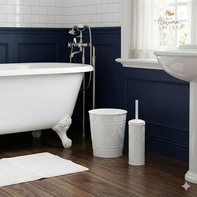 Autumn Alley White Farmhouse Bathroom Trash Can and Toilet Bowl Brush with Holder - White Bathroom Accessories Set for Charming Bathroom Décor