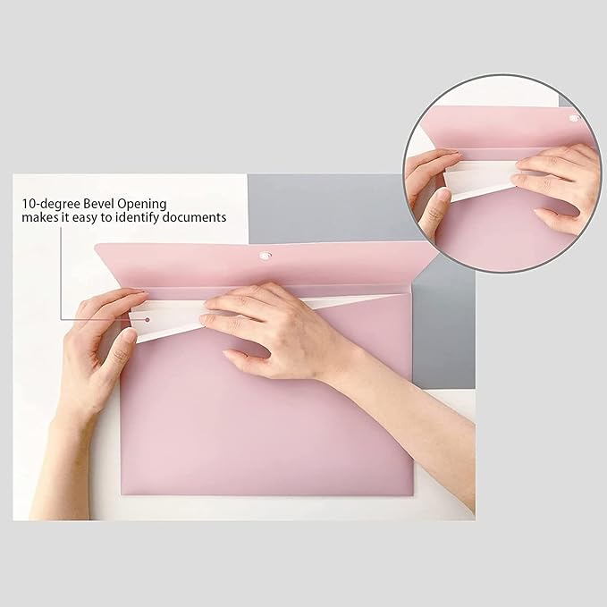 VANRA Poly File Folders Letter Size File Jackets Organizer Plastic Envelope A4 Flat Document Holder with Snap Button Closure (Pastel Pink, Pack of 5)