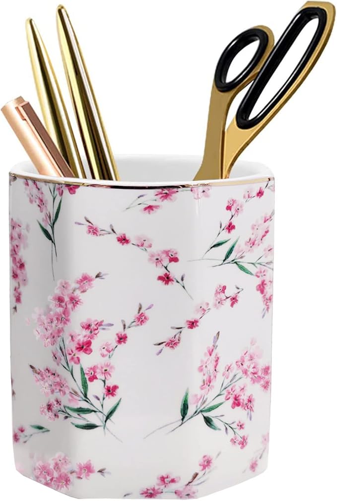 Pen Holder Stand for Desk Floral Pattern Pencil Cup for Girls Kids Durable Ceramic Desk Organizer Makeup Brush Holder for Office Classroom Home Pink Flowers