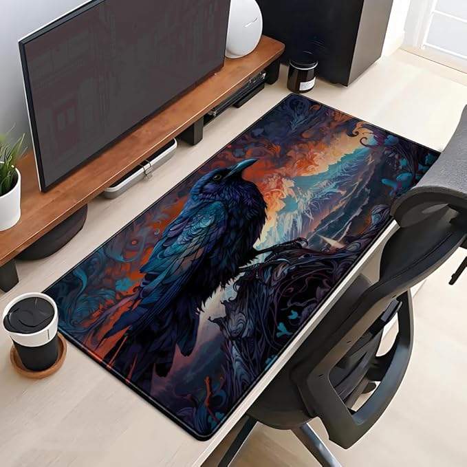 Magic Crow Desk Mat Gaming Misty Fores Mouse Pad Playmat, Large Gaming Mousepad Keyboard Desk Extended Mouse Pads Game Decor with Stitched Eges Non-Slip Base Tabletop for MTG 31.5" x 15.7"