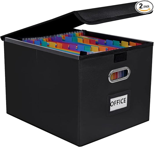 File Organizer Box with Folder, 25 Pockets Accordion File Organizer with Colored Labels, Upgraded & Portable File Folders for Home, Office, School, Black-Leather